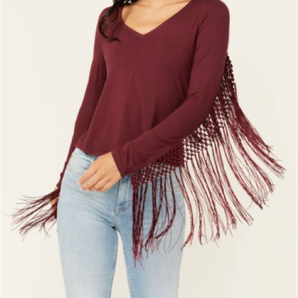 Hot & Delicious women’s wine colored fringed cowl neck top.